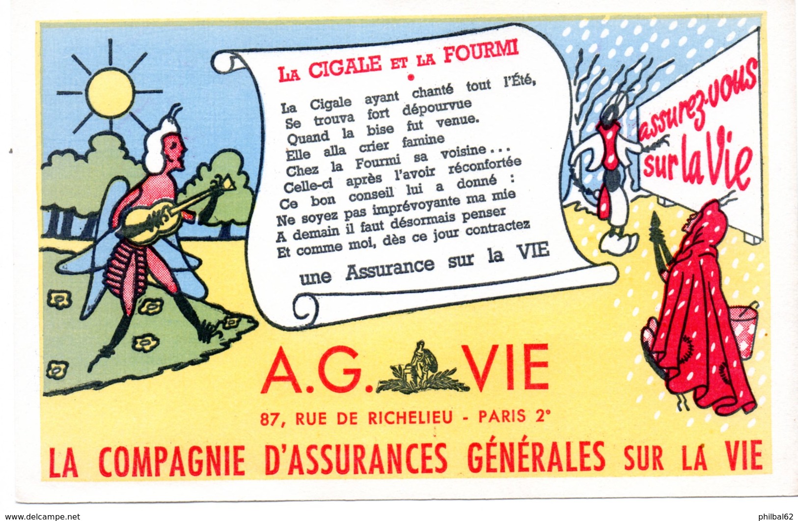 Buvard Assurances A.G. Vie. Illustration : La Cigale Et La Fourmi. - Banque & Assurance