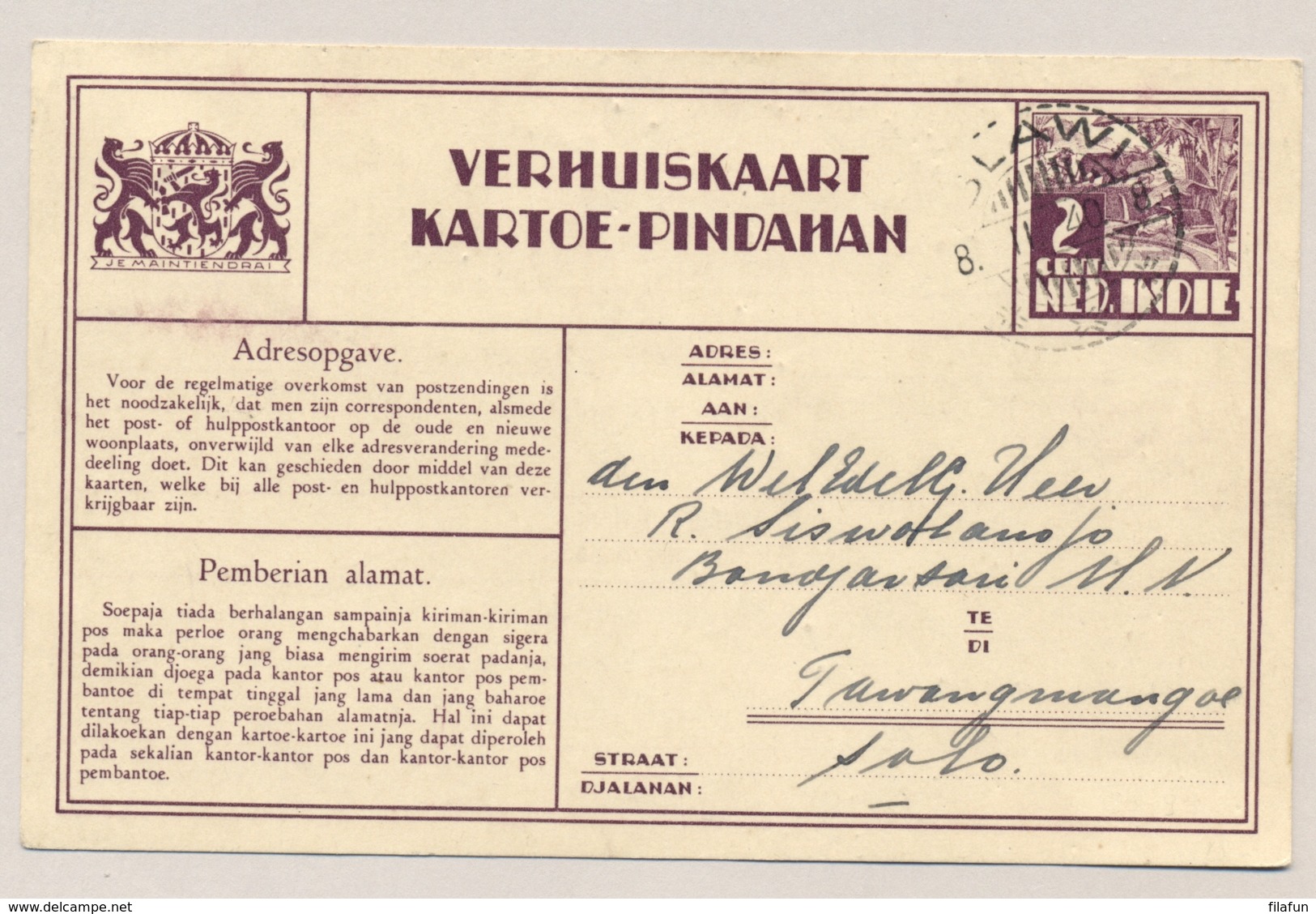 Nederlands Indië - 1940 - 2 Cent Karbouwen, Verhuiskaart G9b Van LB SLAWI Naar Solo - Nederlands-Indië