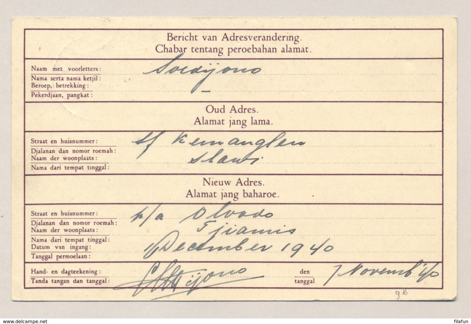 Nederlands Indië - 1940 - 2 Cent Karbouwen, Verhuiskaart G9b Van LB SLAWI Naar Solo - Nederlands-Indië