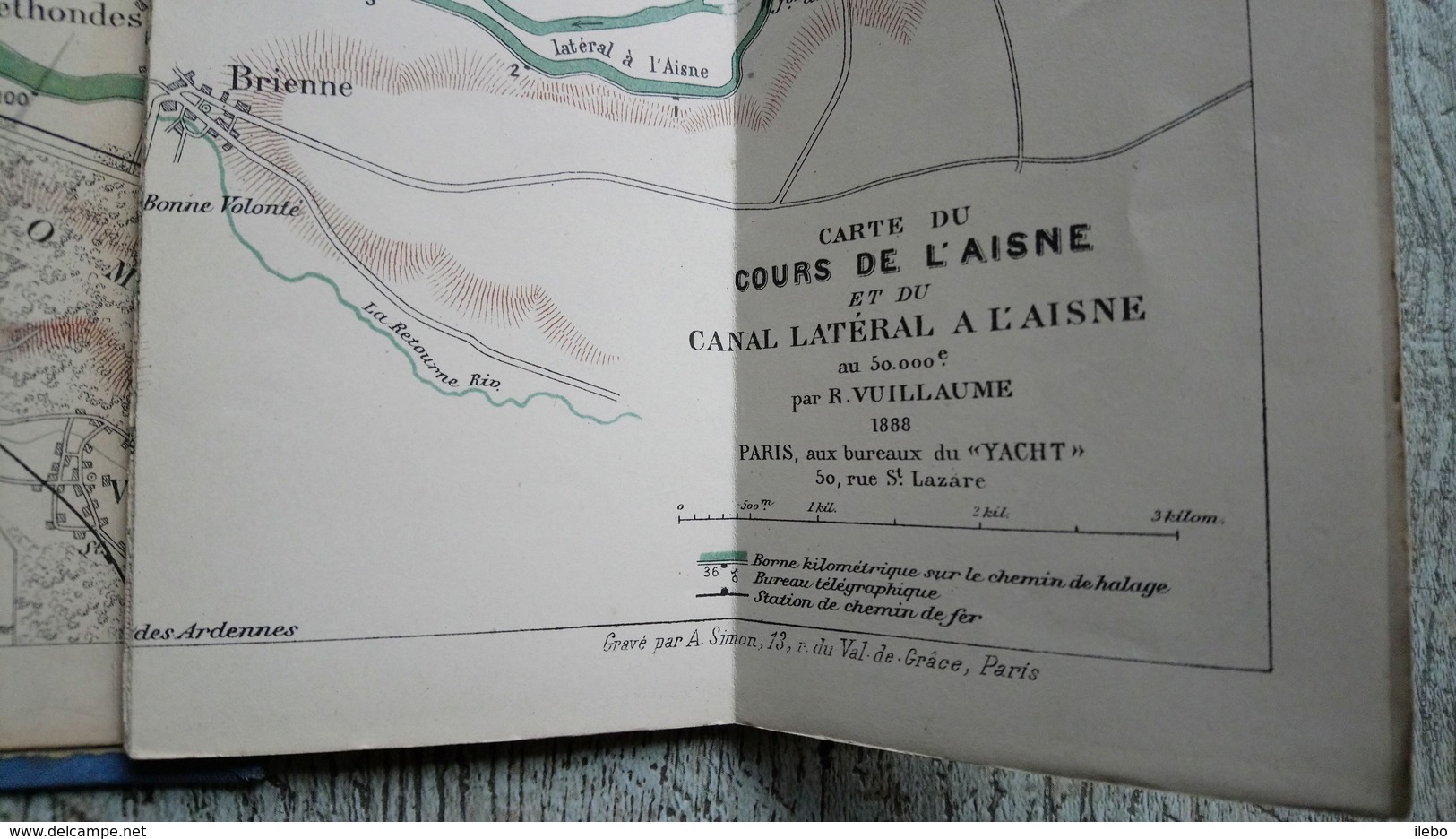 Carte Du Cours De L'aisne Et Du Canal Latéral à L'aisne Vuillaume 1888 Rare - Cartes Topographiques