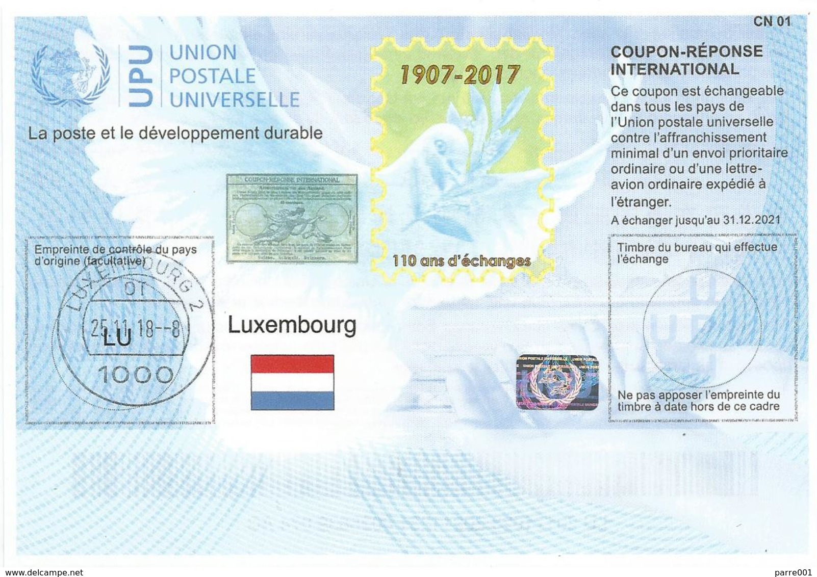 Luxembourg Luxemburg 2018 Reply Coupon Reponse 110 Ans D'échanges Hologram Type T37 IRC IAS - Postwaardestukken