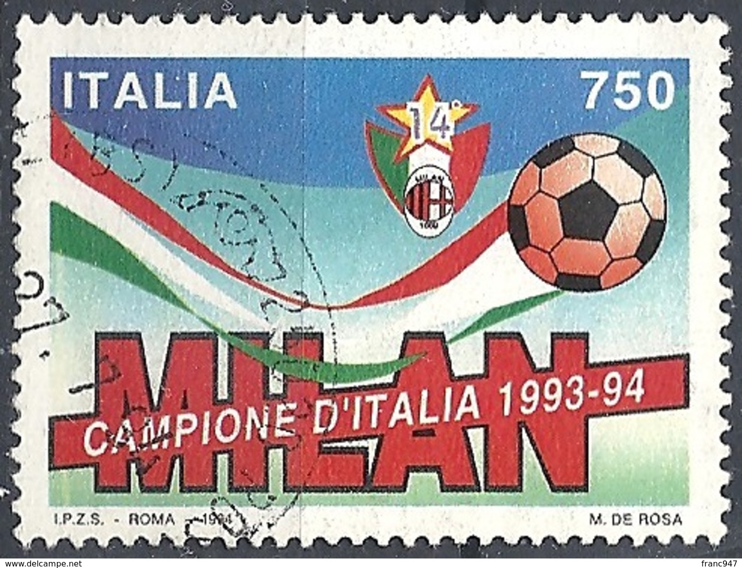 Italia, 1994 Milan Campione D'Italia, 750L # Sassone 2105 - Michel 2327 - Scott 1980  USATO - 1991-00: Oblitérés