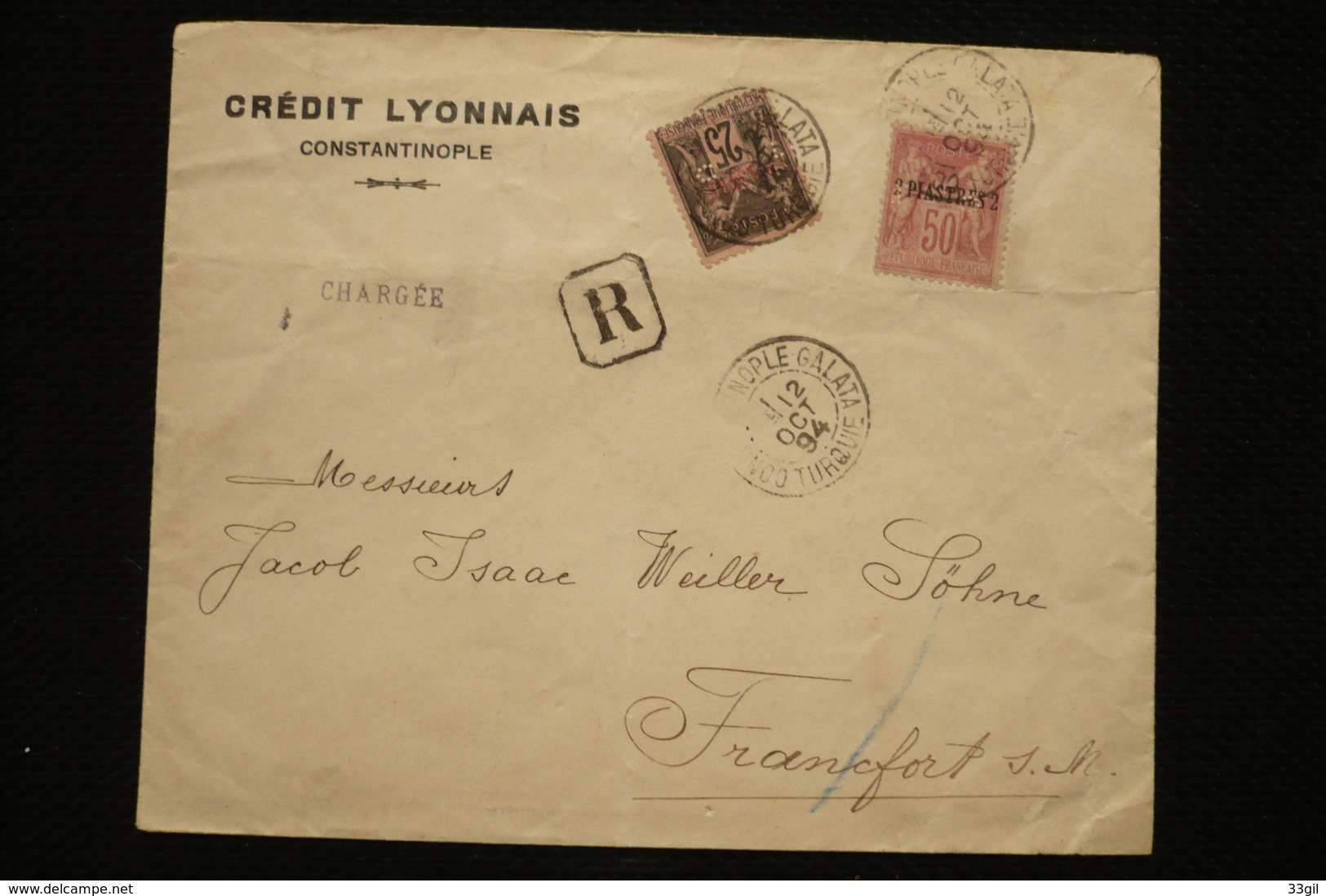 Perfin Lochung  Sage Perforé Cl Sur Lettre Recommandée Chargée Constantinople Turquie Crédit Lyonnais 12/10/1894 - Other & Unclassified