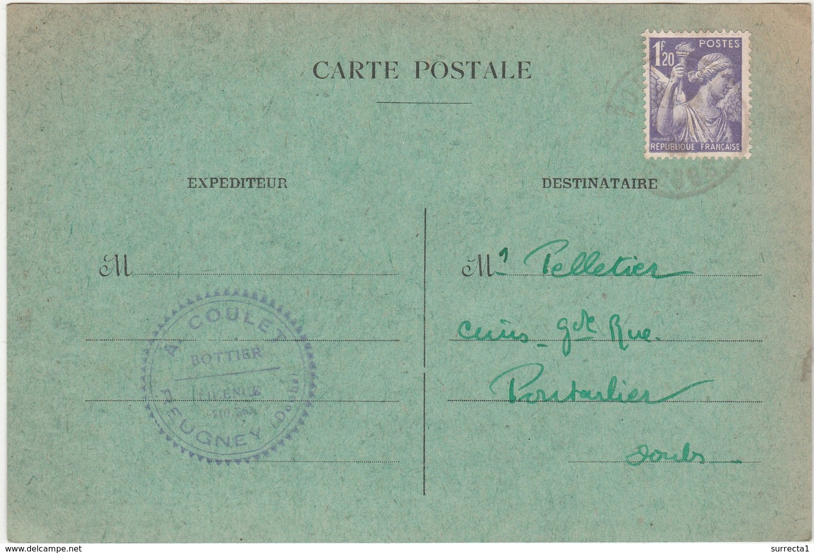 Carte Commerciale 1944 / A. COULET /Bottier / 25 Reugney - Autres & Non Classés