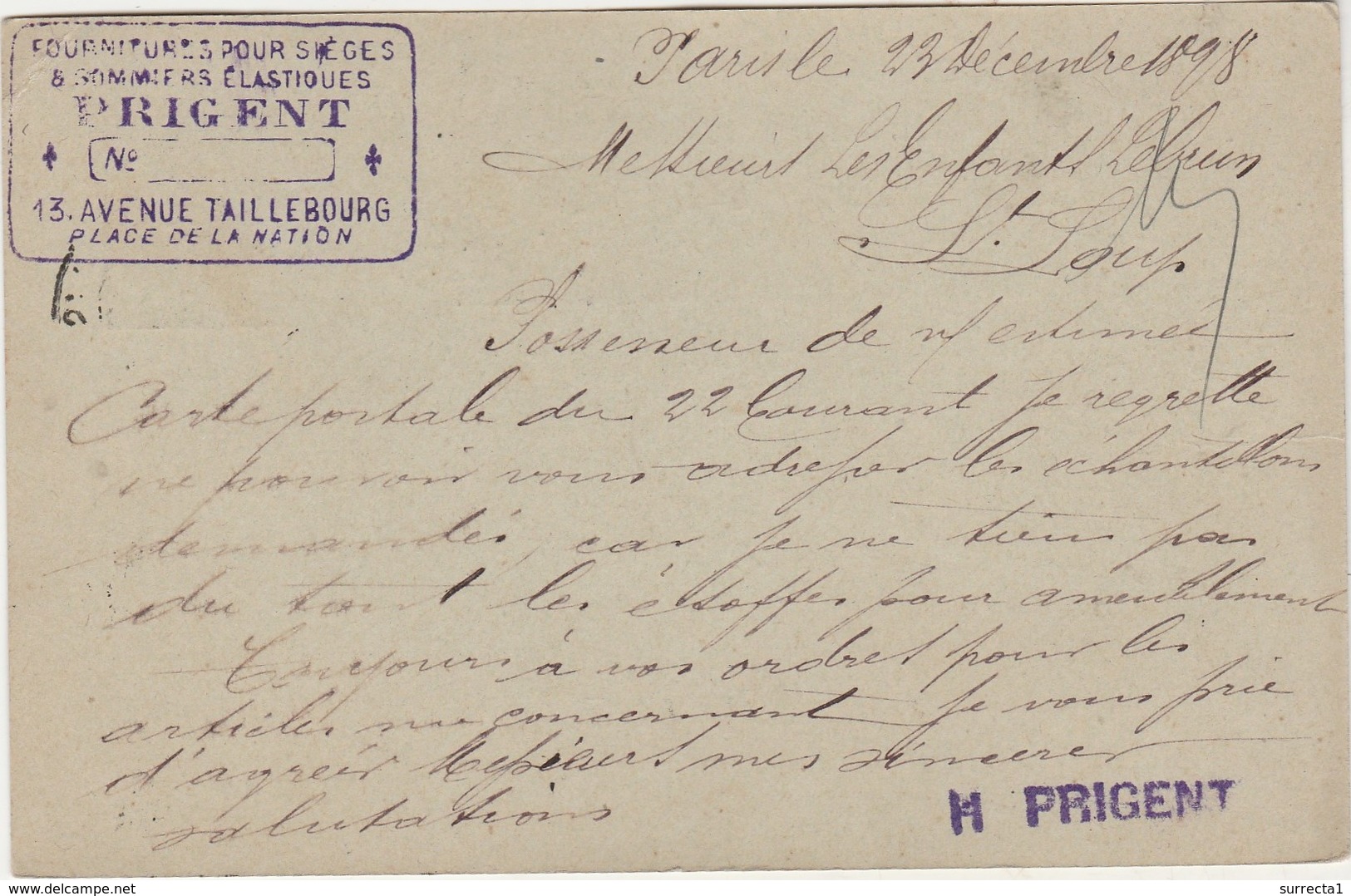 Carte Commerciale 1898 / Entier / PRIGENT / Sièges & Sommiers élastiques / 13 Av Taillebourg / 75 Paris - Autres & Non Classés