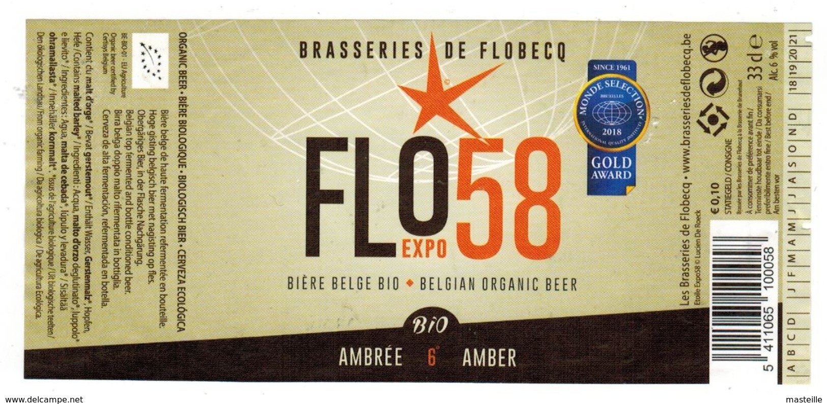 Etiquette Bière Flo58 33 Cl, Brasseries De Flobecq Bier Etiket Beer New Label - Bière