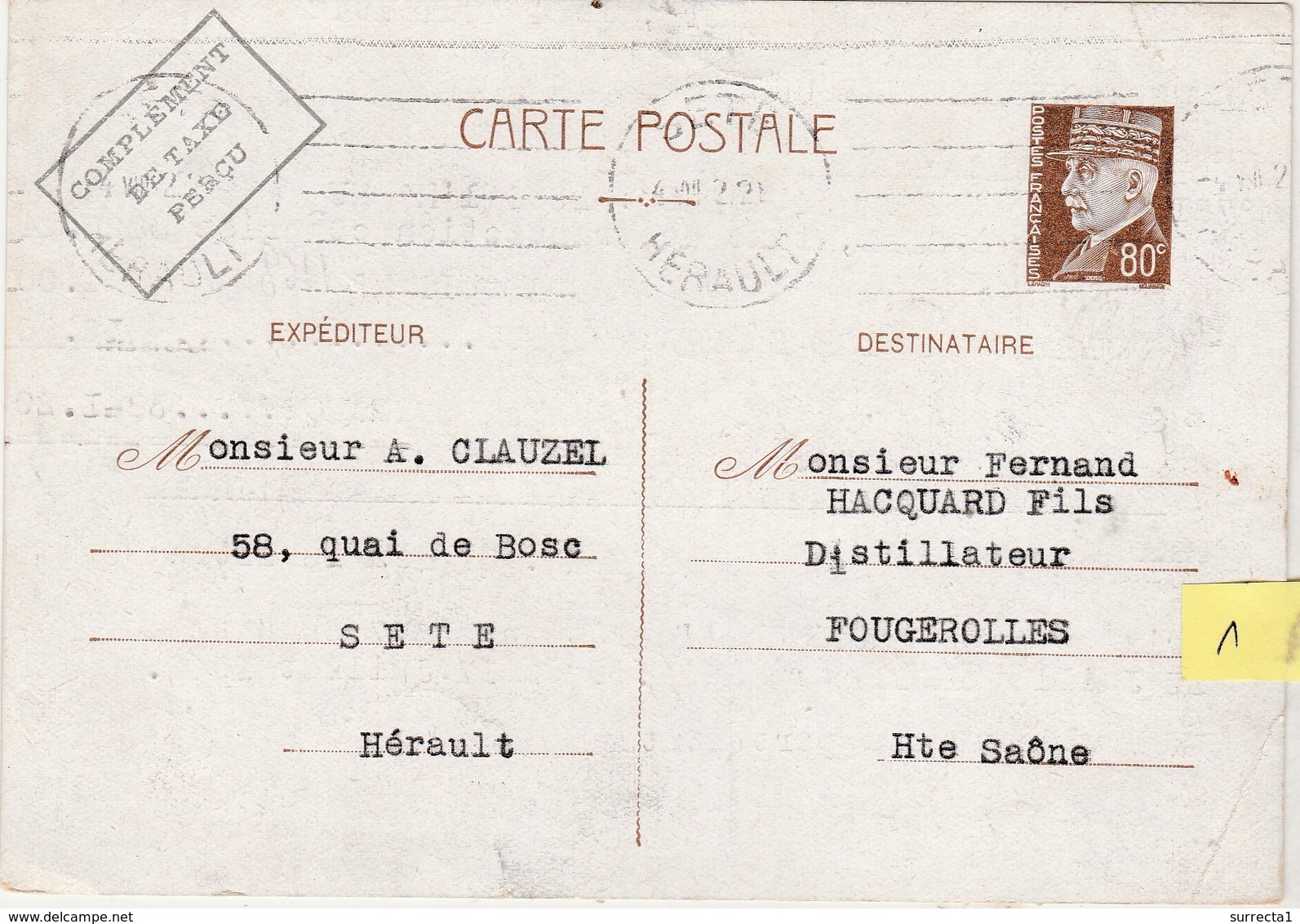 Carte Commerciale 1942 / Entier Pétain 80 C + Compl Taxe Perçu / CLAUZEL / Vins / 34 Sète Hérault - Autres & Non Classés