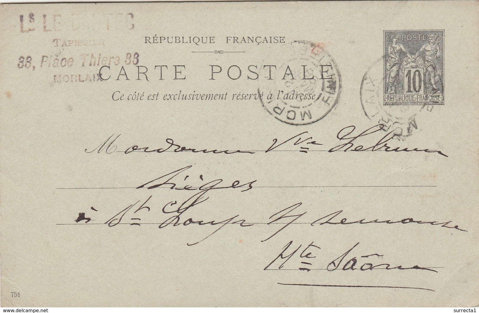 Carte Commerciale 1898 / Entier / Louis LE DANTEC / Tapissier / 33 Place Thiers / 29 Morlaix - Autres & Non Classés