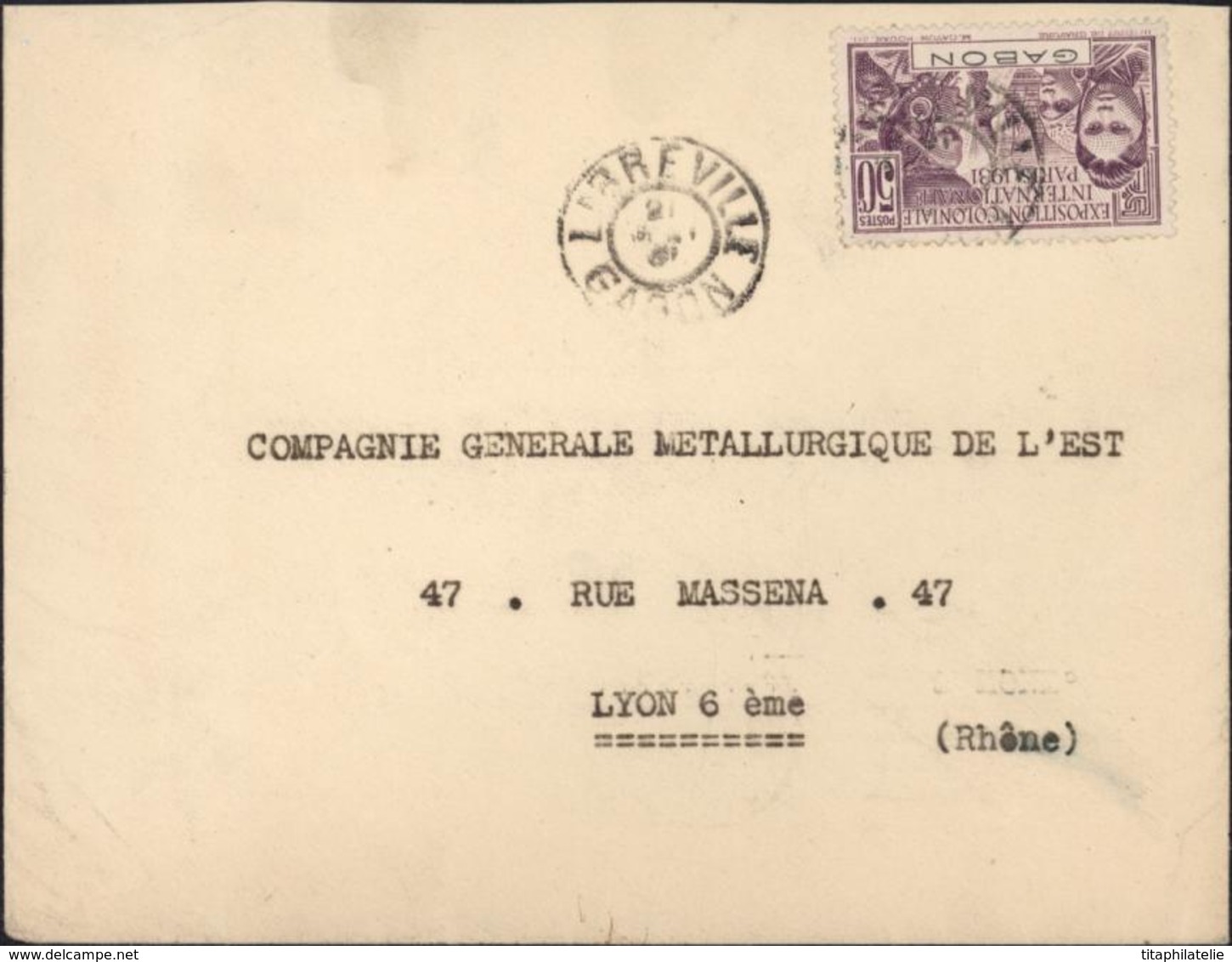 YT 122 Exposition Coloniale Internationale Paris 1931 CAD Libreville Gabon 21 ? 31 Arrivée Lyon 20 VI 1931 - Briefe U. Dokumente