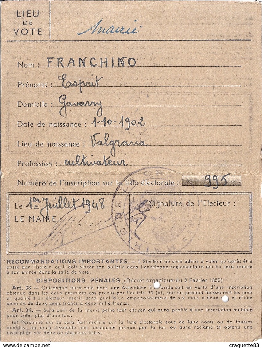 CARTE D'ELECTEUR- RF- LA CRAU VAR   1948 - Autres & Non Classés