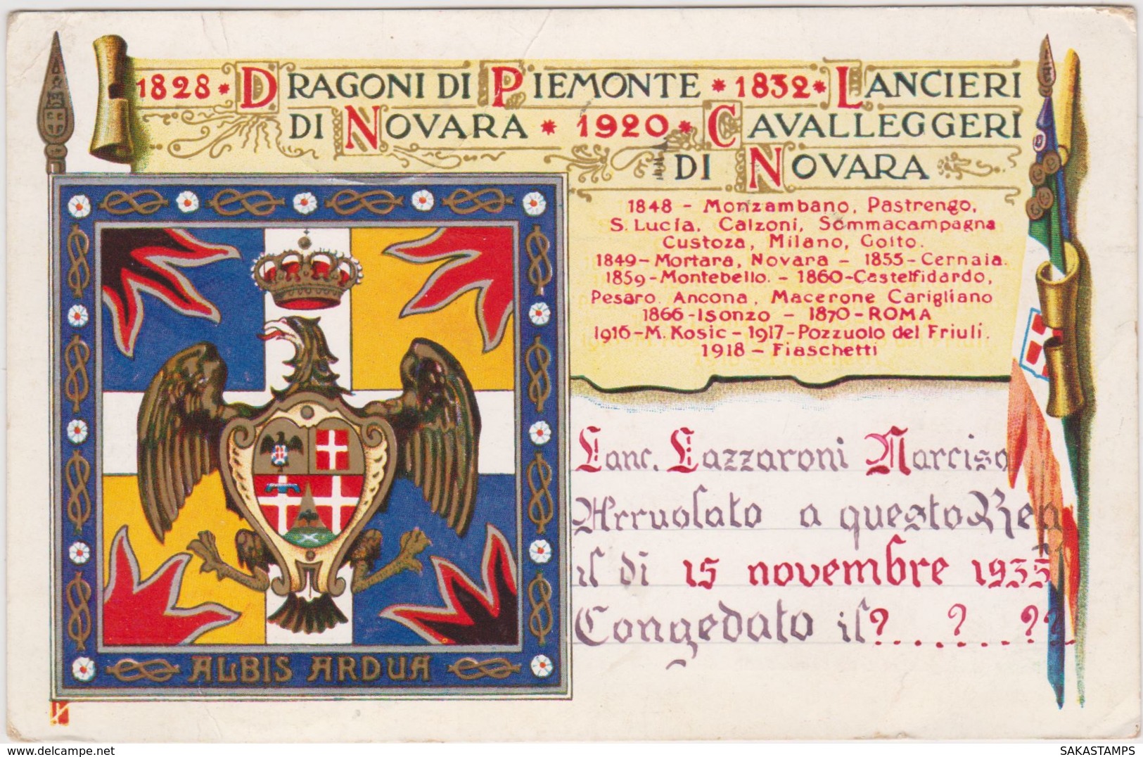 1936-Dragoni Di Piemonte Lancieri Di Novara Arruolamento Di Lazzaroni Narciso, Viaggiata - Reggimenti