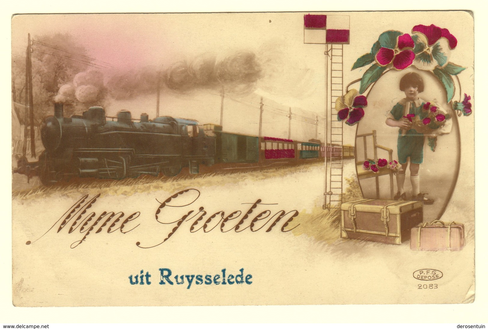 #10426	[Postkaart] Myne [mijne Mijn] Groeten Uit Ruysselede [opdruk]. P.F.G. 2083 Ruiselede Aalter Stoomtrein Fantasie - Ruiselede