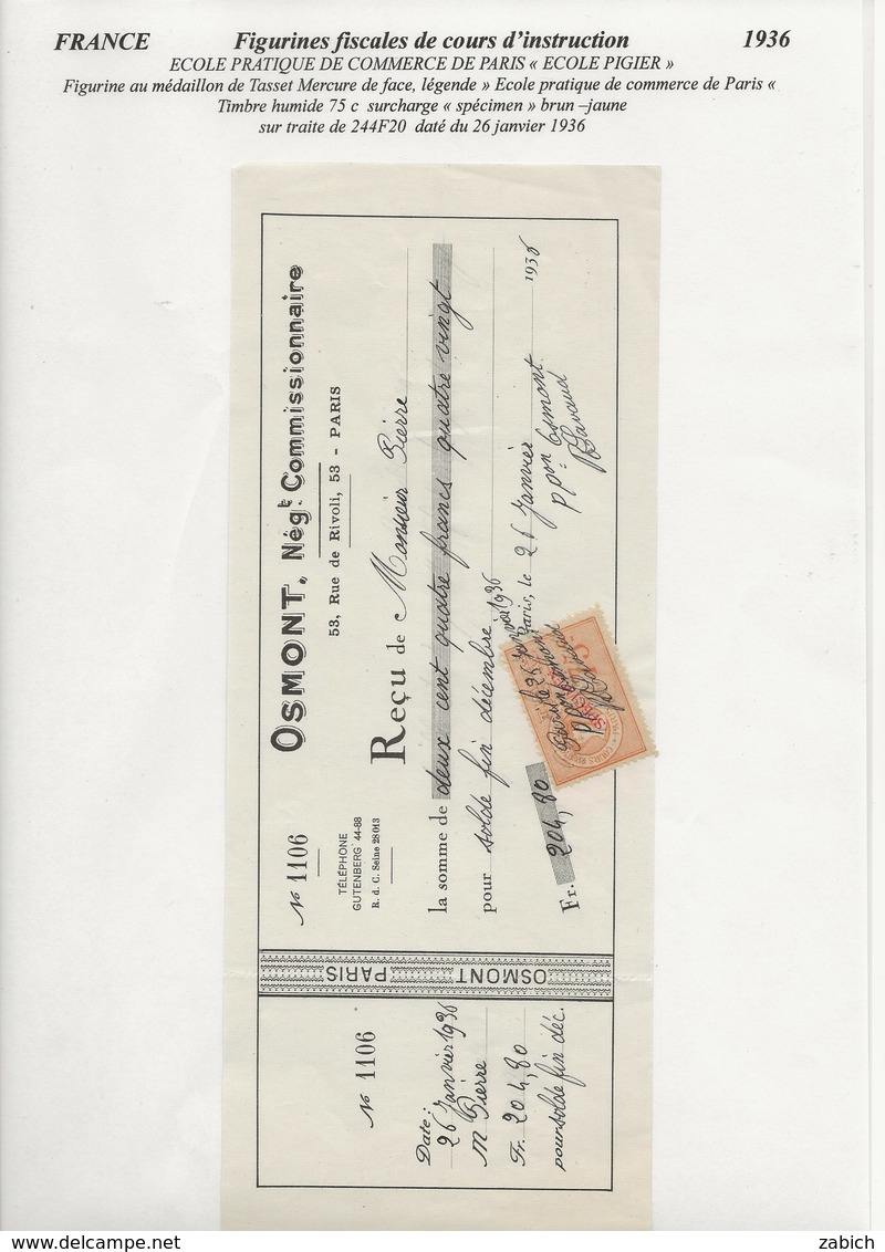 FISCAUX FRANCE FICTIF PIGIER  75 C Orange Surcharge Specimen Sur Traite 1936 - Other & Unclassified