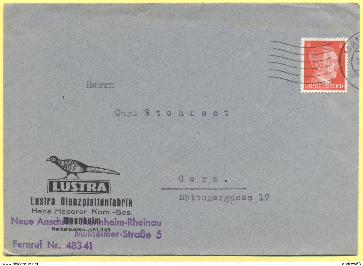 Deutsches Reich - 1942 - 8 - Lustra - Viaggiata Da Mannheim Per Gera - Briefe U. Dokumente