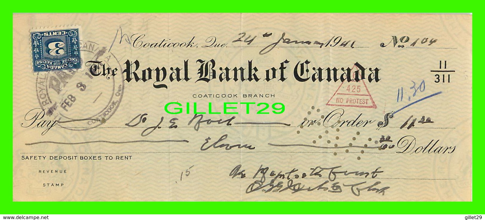 CHÈQUES - THE ROYAL BANK OF CANADA, COATICOOK BRANCH IN 1941 - DIMENSION 21,5 X 30 Cm - - Chèques & Chèques De Voyage