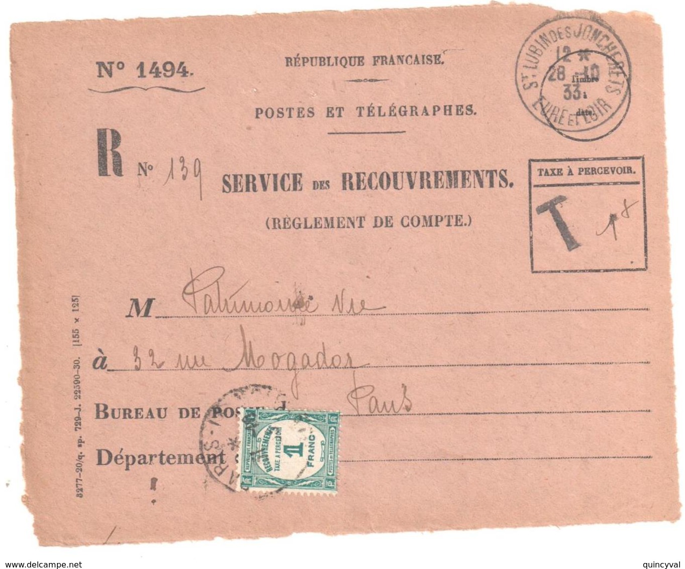 St LUBIN Des JONCHERES Eure Loir Ob 1933 Devant Enveloppe 1494 Recommandée Valeurs Non Recouvrées Taxe 1F Vert Yv 60 - Lettres & Documents