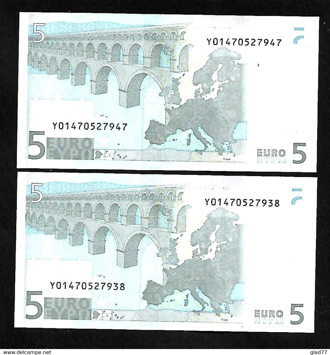 Lot 2 Pieces Consecutive Numbers Greece  "Y"  5  EURO GEM UNC! Duinseberg Signature! Printer N001G1!! - 5 Euro