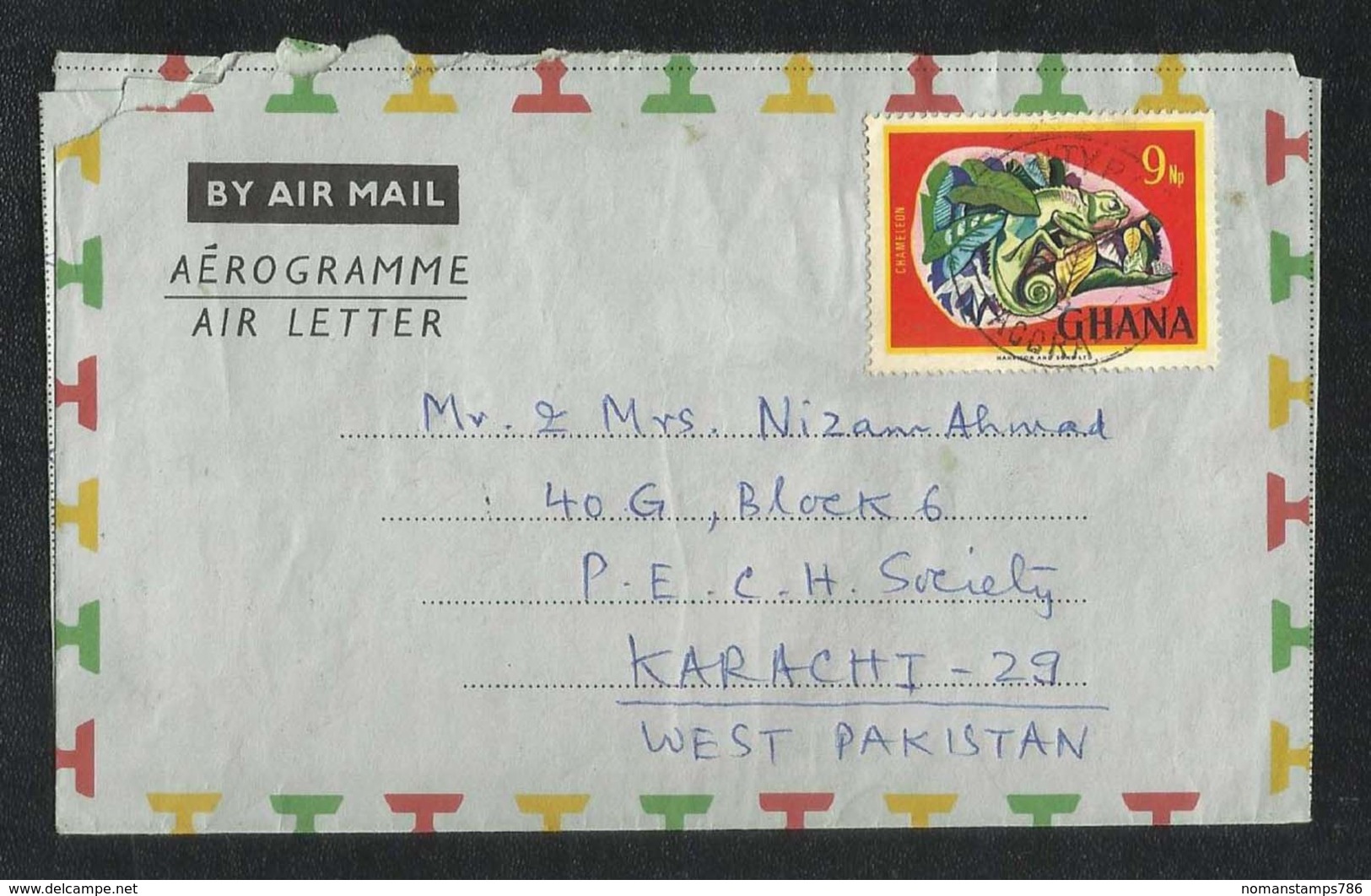 Ghana 1968 Air Mail Postal Used Aerogramme Cover Ghana To Pakistan Chameleon Animal Stamps - Ghana (1957-...)