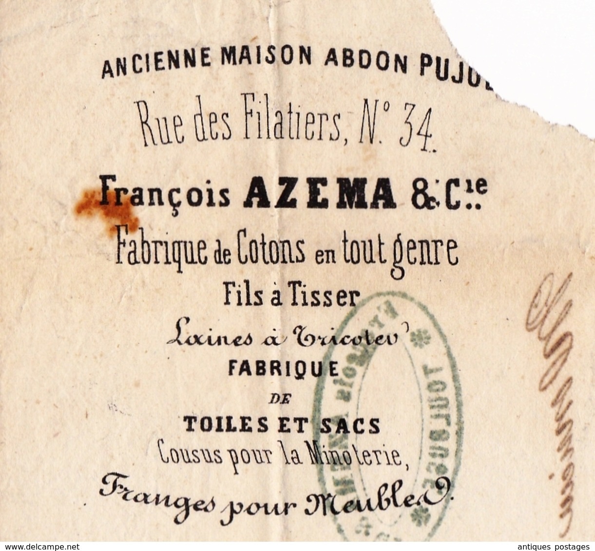 François Azema Toulouse 1861 Rue des Filatiers Coton Laine Toile et Sac pour Minoterie Abdon Pujol Lanes Agen