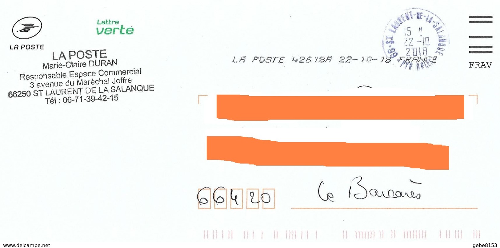 Enveloppe Service FRAV Lettre Verte La Poste Saint Laurent De La Salanque Pyrénées Orientales  Cachet Manuel Toshiba - Documentos Del Correo