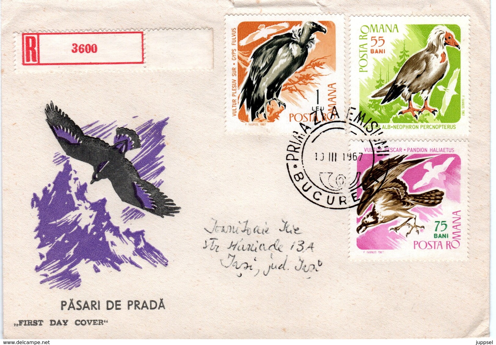 ROMANIA  Vulture, Eagle  FDC, Registered Mail  /  ROUMANIE  Vautour, L`aigle, Lettre De Première Jour, Recomandée,  1967 - Adler & Greifvögel