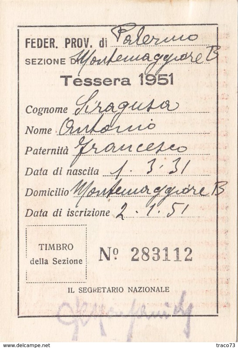 POLITICA / TESSERA PARTITO _ MOVIMENTO SOCIALE  ITALIANO 1951 - Sez. Montemaggiore Belsito (PA) - Collezioni