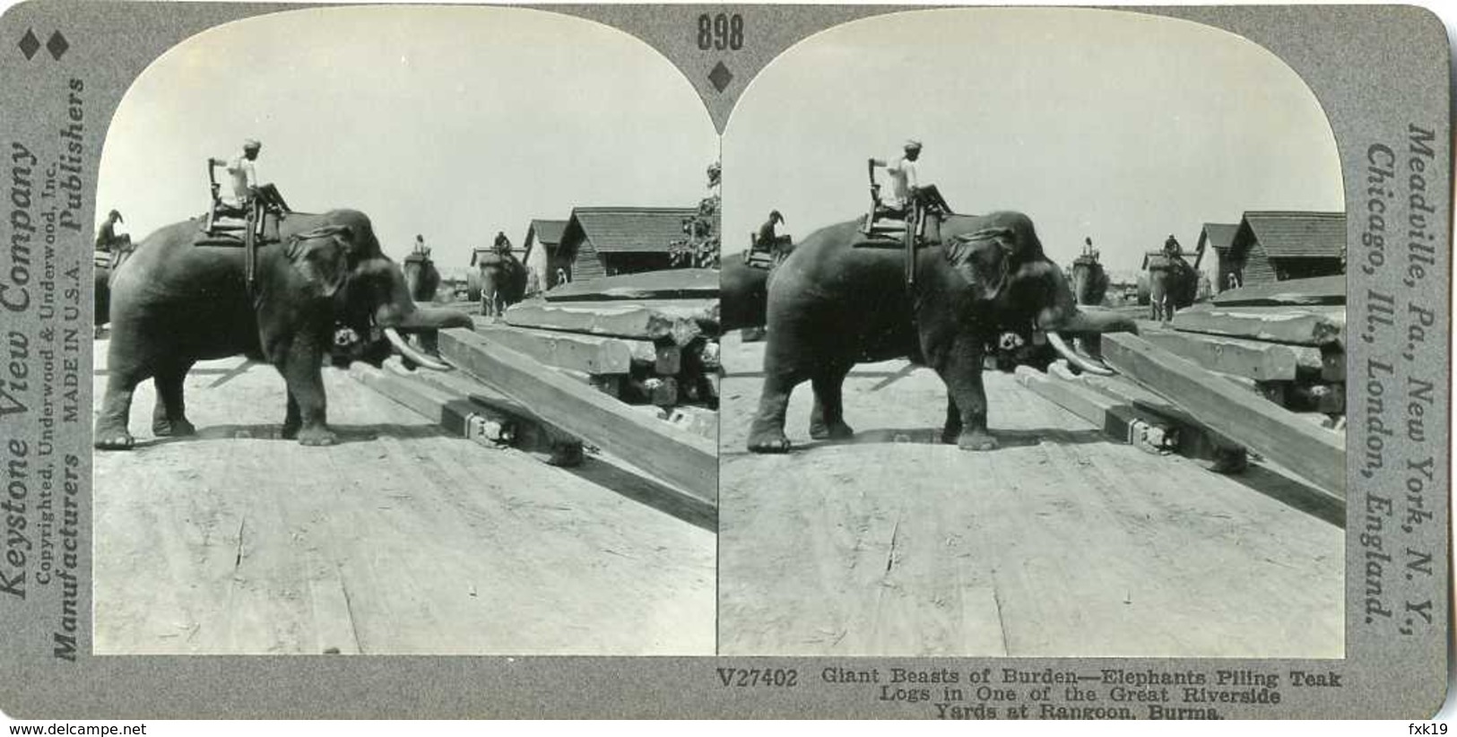 Burma Myanmar ~ RANGOON ~ Elephant Stacks Teak Logs In Lumber Yard Stereoview 27402 898 - Fotos Estereoscópicas