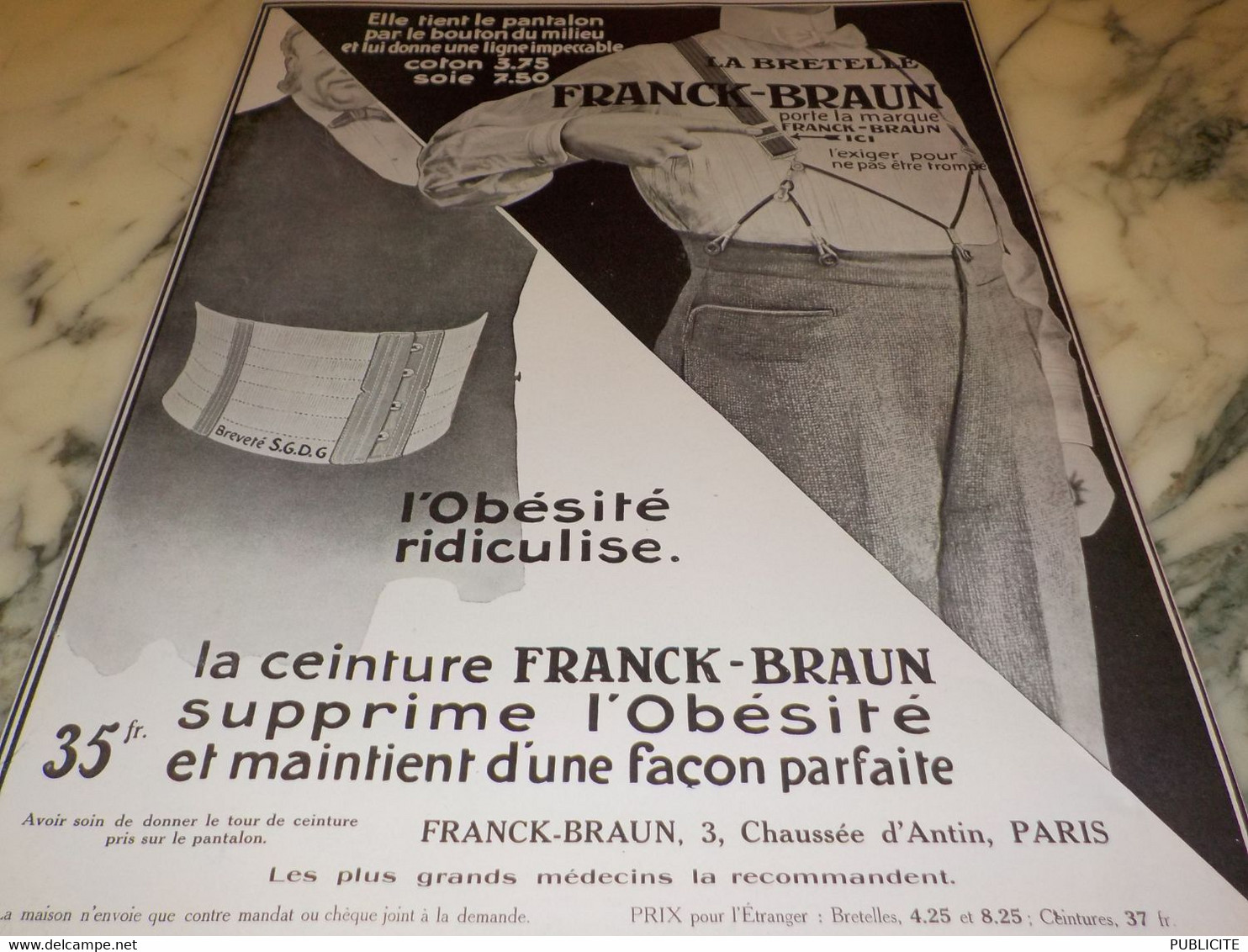 ANCIENNE PUBLICITE CEINTURE BRETELLE DE FRANCK ET BRAUN  1912 - Autres & Non Classés