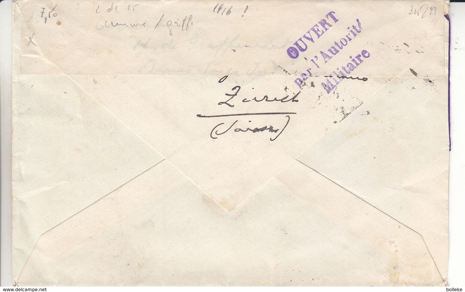 Suisse - Lettre Recom De 1916 ? - Oblit Zürich - Exp Vers Auzances - Avec Censure - Griffe Ouvert Autorité Militaire - Lettres & Documents