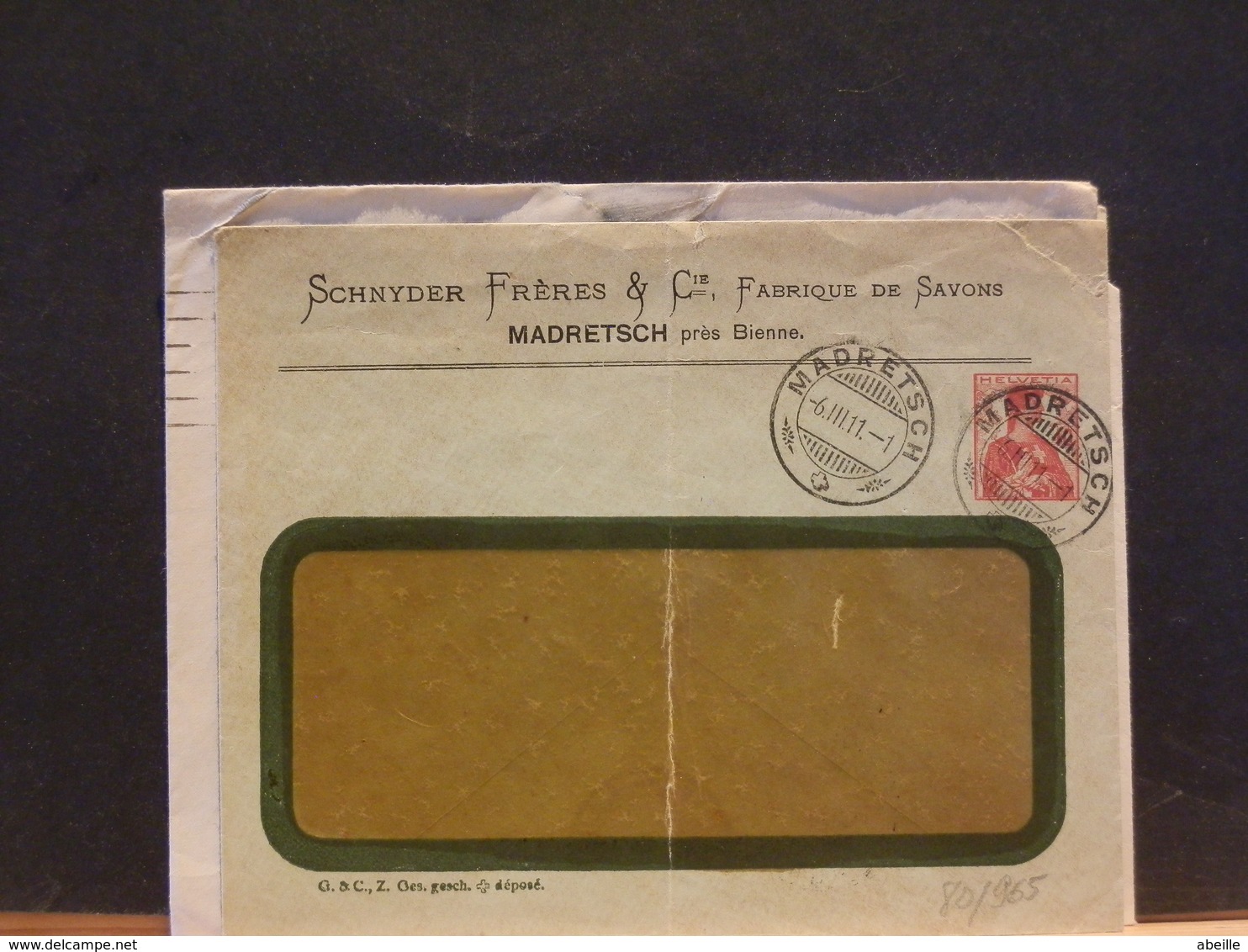 80/965  ENVELOPPE SUISSE PIQUAGE PRIVE   PLI  1911 - Interi Postali