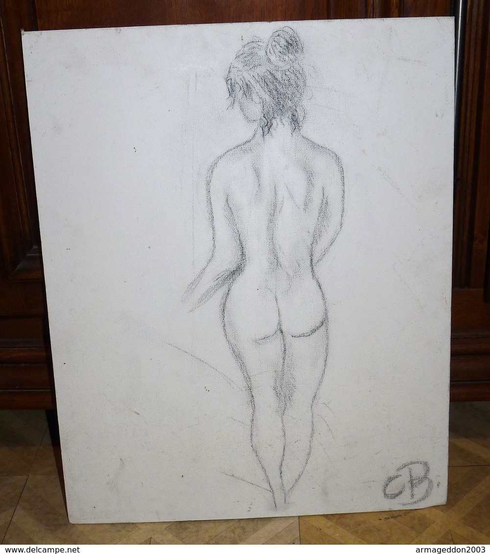 DESSIN AU CRAYON OU FUSAIN SUR CARTON TOILÉ FEMME NUE DE DOS SIGNE CB 50 X 40cm   Be - Disegni