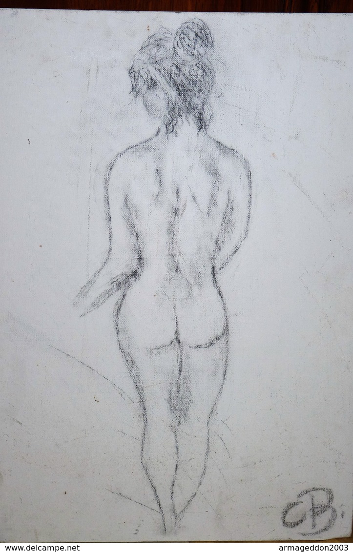 DESSIN AU CRAYON OU FUSAIN SUR CARTON TOILÉ FEMME NUE DE DOS SIGNE CB 50 X 40cm   Be - Disegni