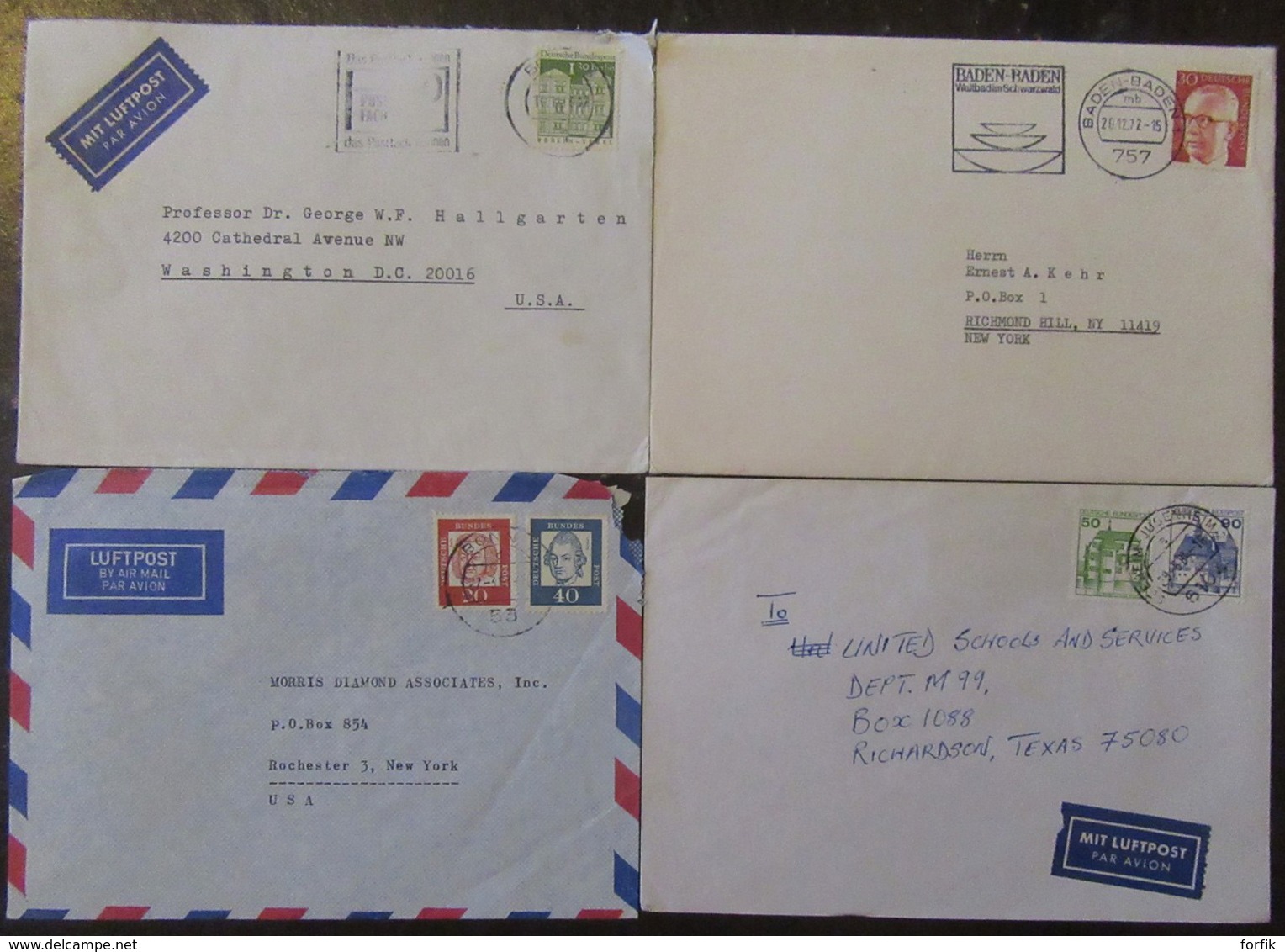 Allemagne, Autriche, Liechtenstein - Lot de 53 enveloppes timbrées vers étranger dont recommandés, à étudier