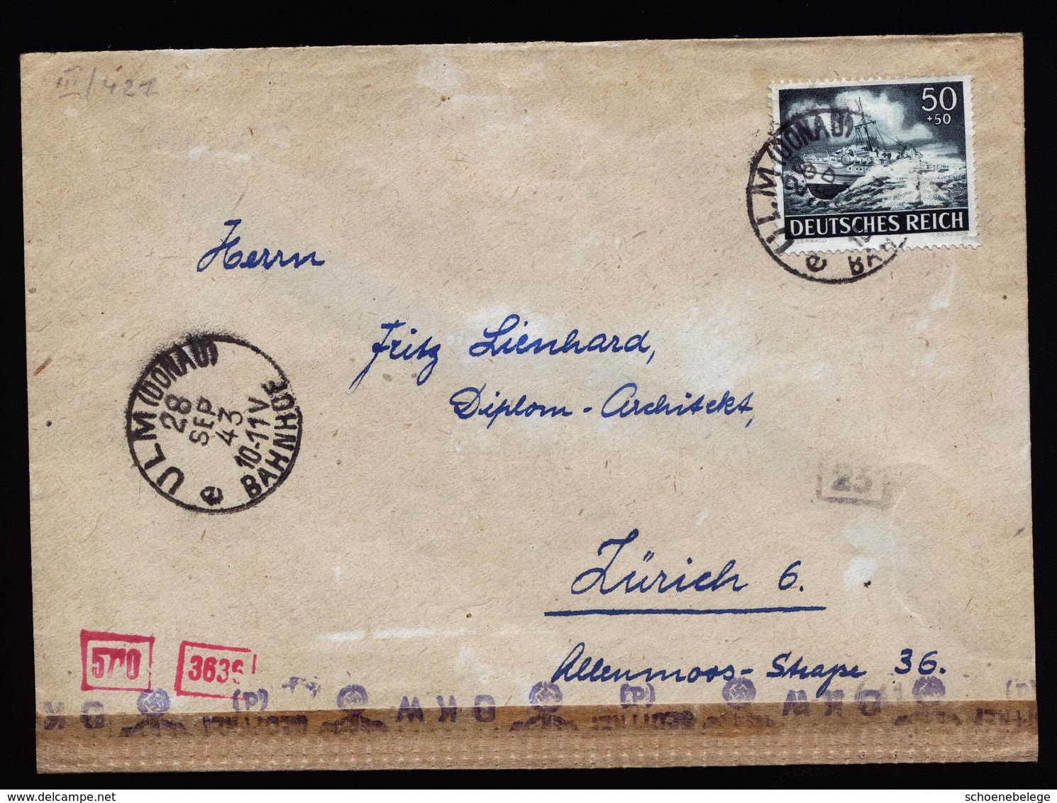 A5731) DR Brief Ulm 28.09.43 Zürich EF Mi.842 Zensur - Storia Postale