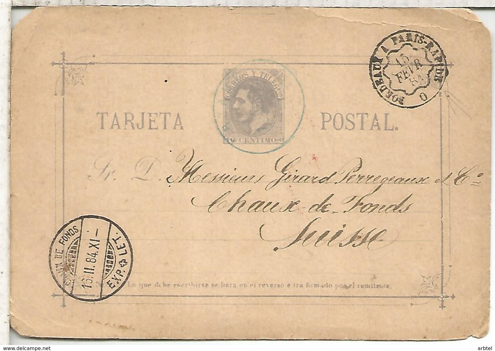 ESPAÑA ENTERO POSTAL ALFONSO XII EIBAR MAT AZUL A LA CHAUX DE FONDS SUIZA 1884 MAT AMBULANTE FRANCES - 1850-1931