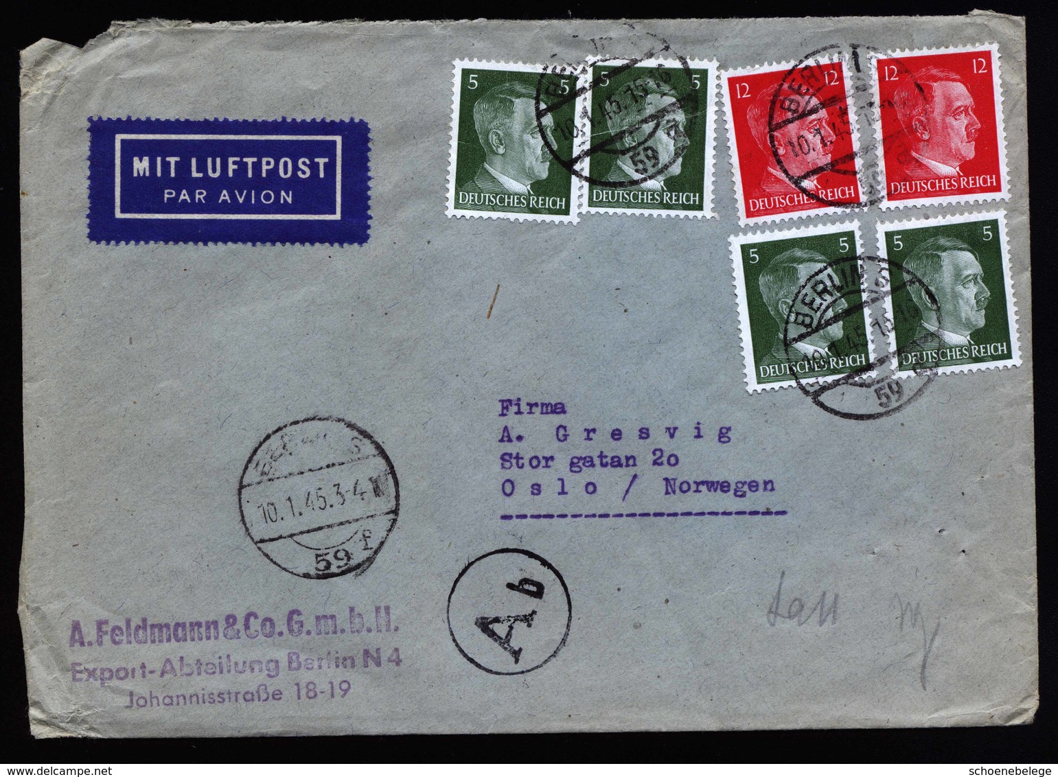 A5732) DR Luftpostbrief Berlin 10.1.45 N. Oslo / Norwegen - Briefe U. Dokumente