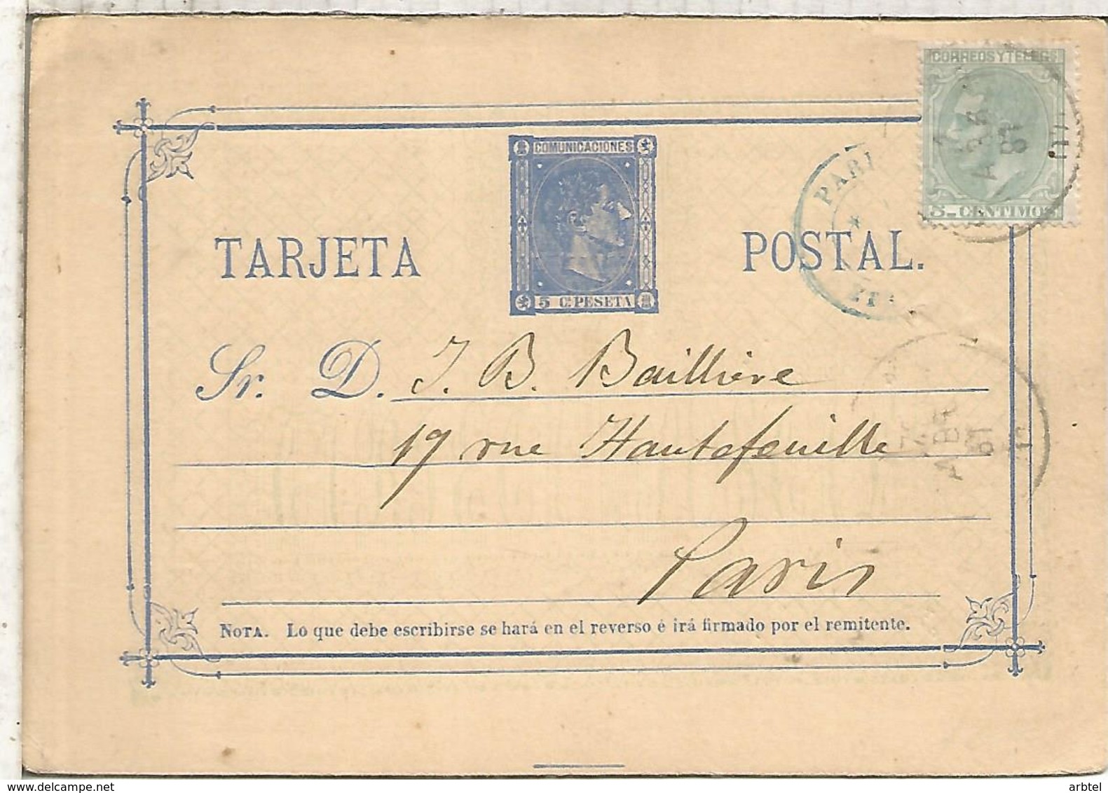 ESPAÑA ENTERO POSTAL ALFONSO XII CORUÑA A PARIS 1881 FRANQUEO ADICIONAL - 1850-1931