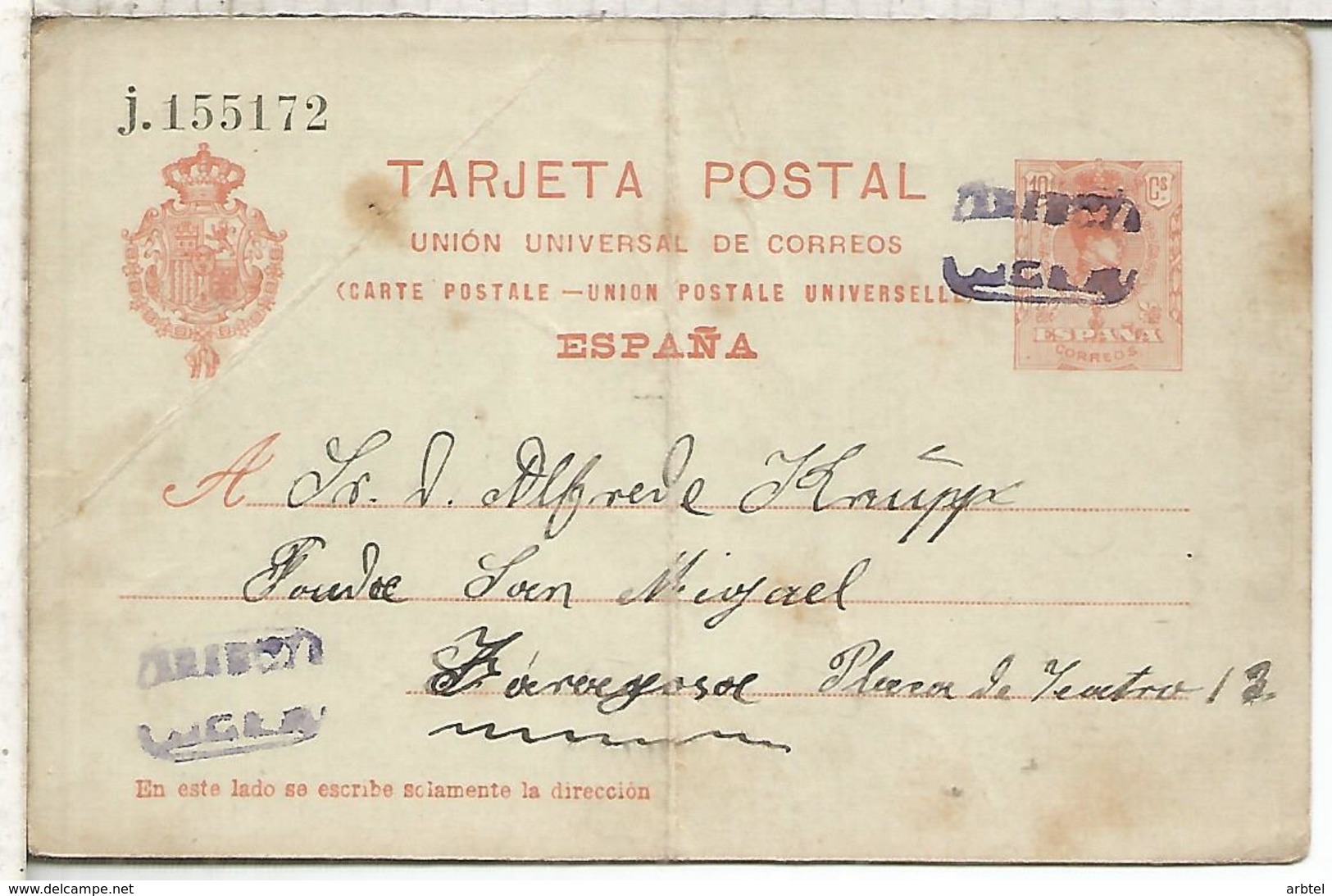 ESPAÑA ENTERO POSTAL ALFONSO XIII LUCENI A ZARAGOZA MAT CARTERIA RICLA ? 1920 DOBLEZ SERIE J - 1850-1931