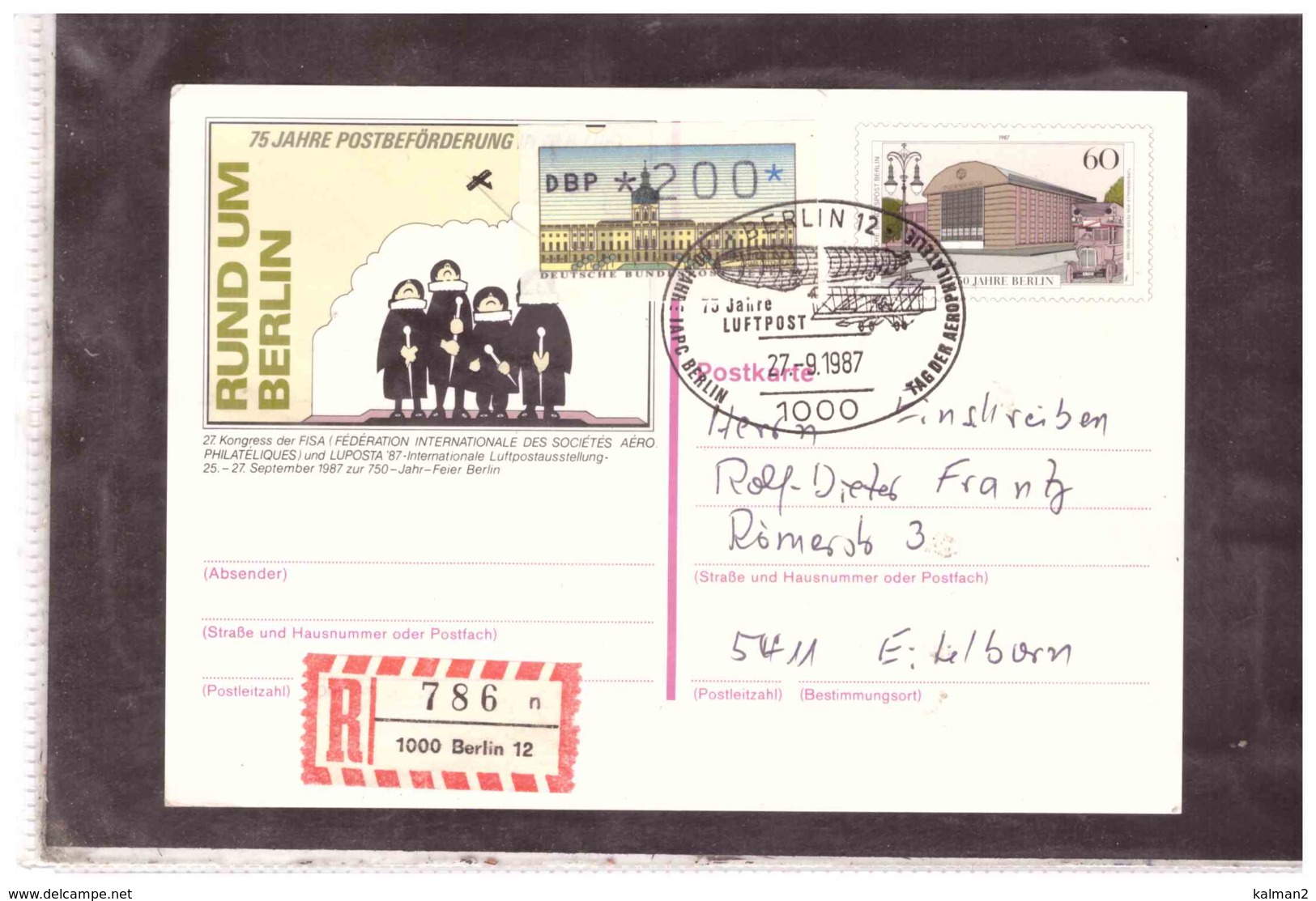 DE2286    -   BERLIN  27.9.1987/     REGISTERED ENTIRE  -  75 JAHRE LUFTPOST - Postkaarten - Gebruikt