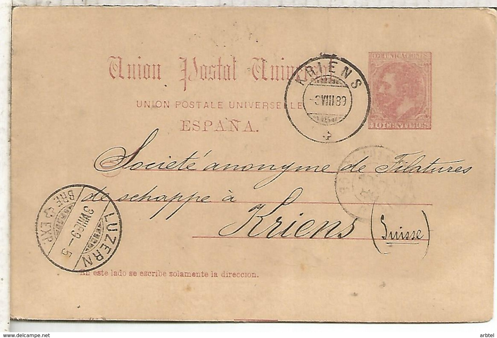 ESPAÑA  ENTERO POSTAL ALFONSO XII BARCELONA A KRIENS SUIZA 1889 - 1850-1931