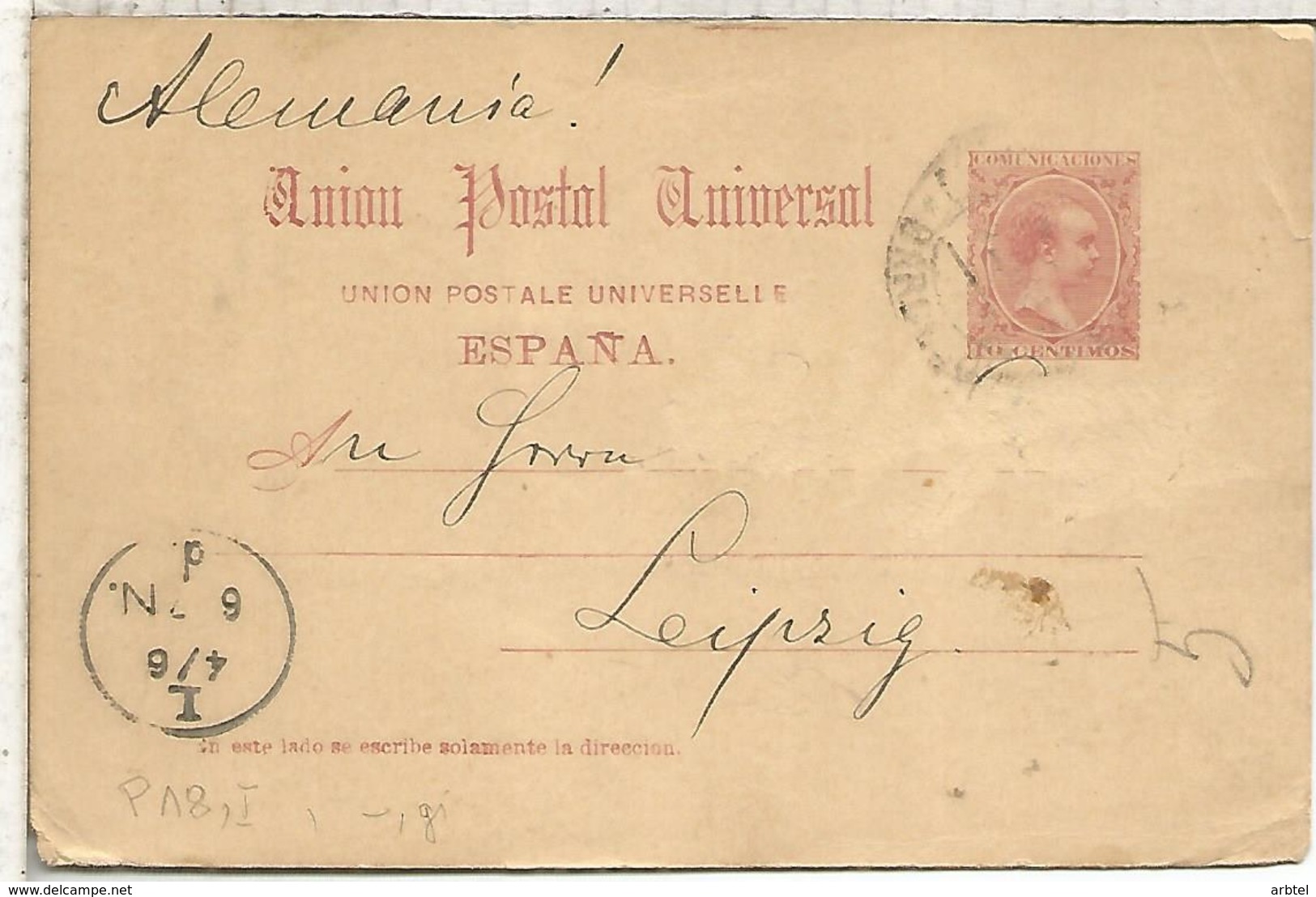 ESPAÑA ENTERO POSTAL ALFONSO XIII BARCELONA A LEIPZIG - 1850-1931