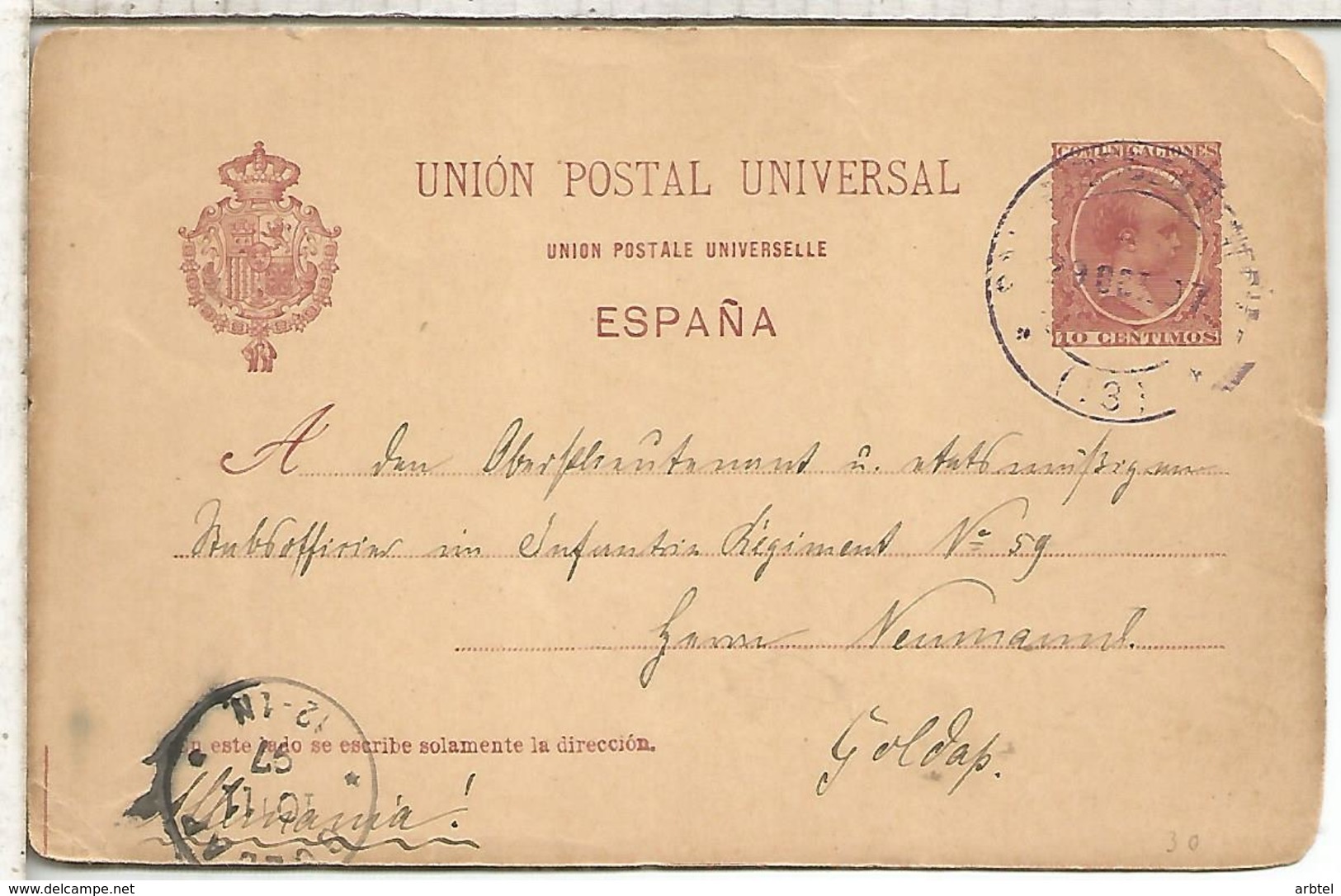 ESPAÑA ENTERO POSTAL ALFONSO XIII A GOLDAP ALEMANIA - 1850-1931