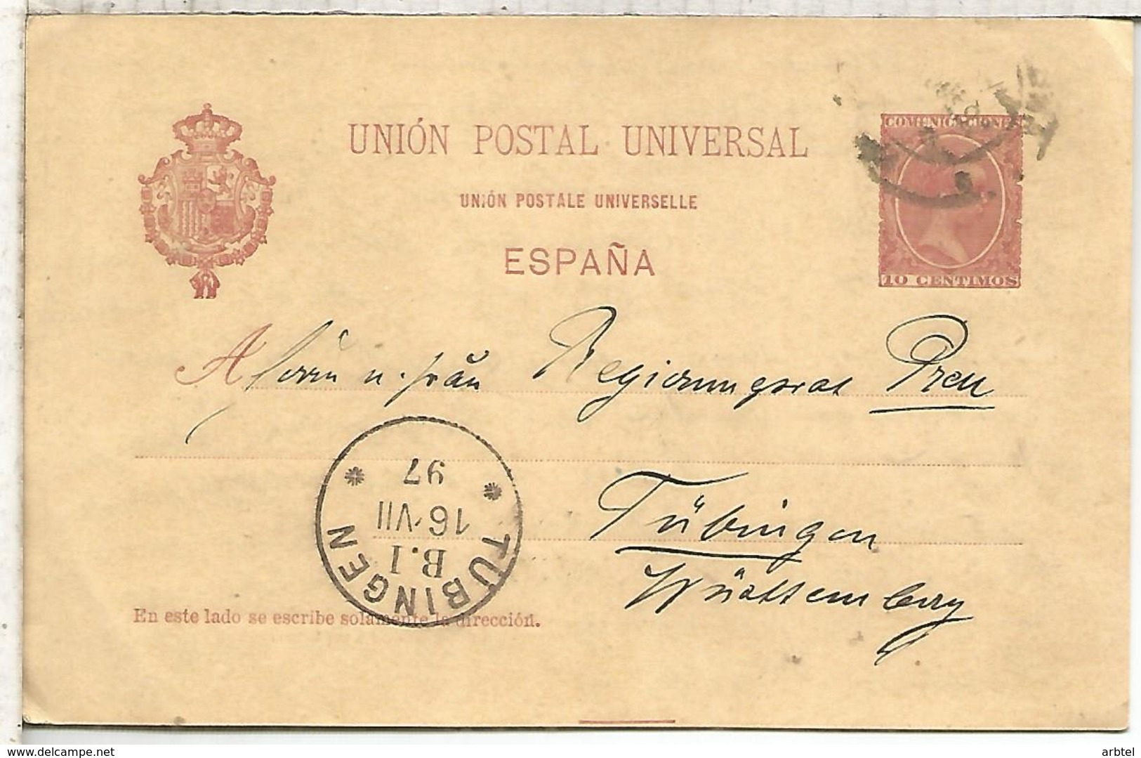 ESPAÑA ENTERO POSTAL ALFONSO XIII VARIANTE UNION EN FRANCES CON ACENTO BARCELONA TUBINGEN 1897 - 1850-1931