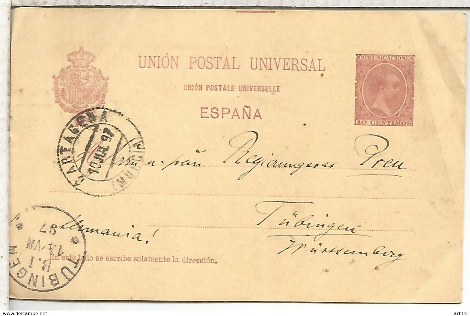 ESPAÑA ENTERO POSTAL ALFONSO XIII VARIANTE UNION EN FRANCES CON ACENTO CARTAGENA A TUBINGEN 1897 - 1850-1931