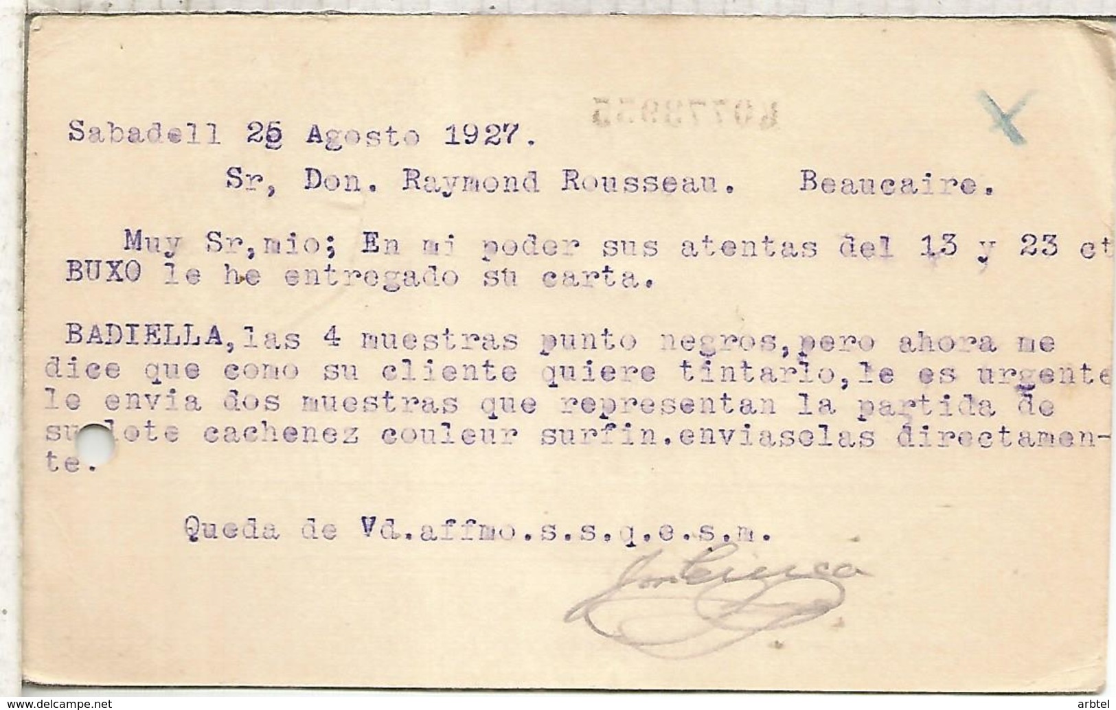 ESPAÑA ENTERO POSTAL ALFONSO XIII SABADELL  A BEAUCAIRE MAT AMBULANTE AGUJERO ARCHIVO 1927 - 1850-1931