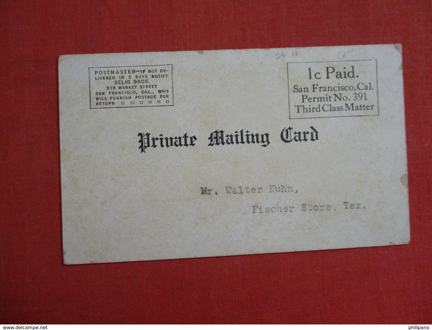 Private Mailing Card H Fischer Store  Texas Wimberly Area    Ref 3088 - Advertising