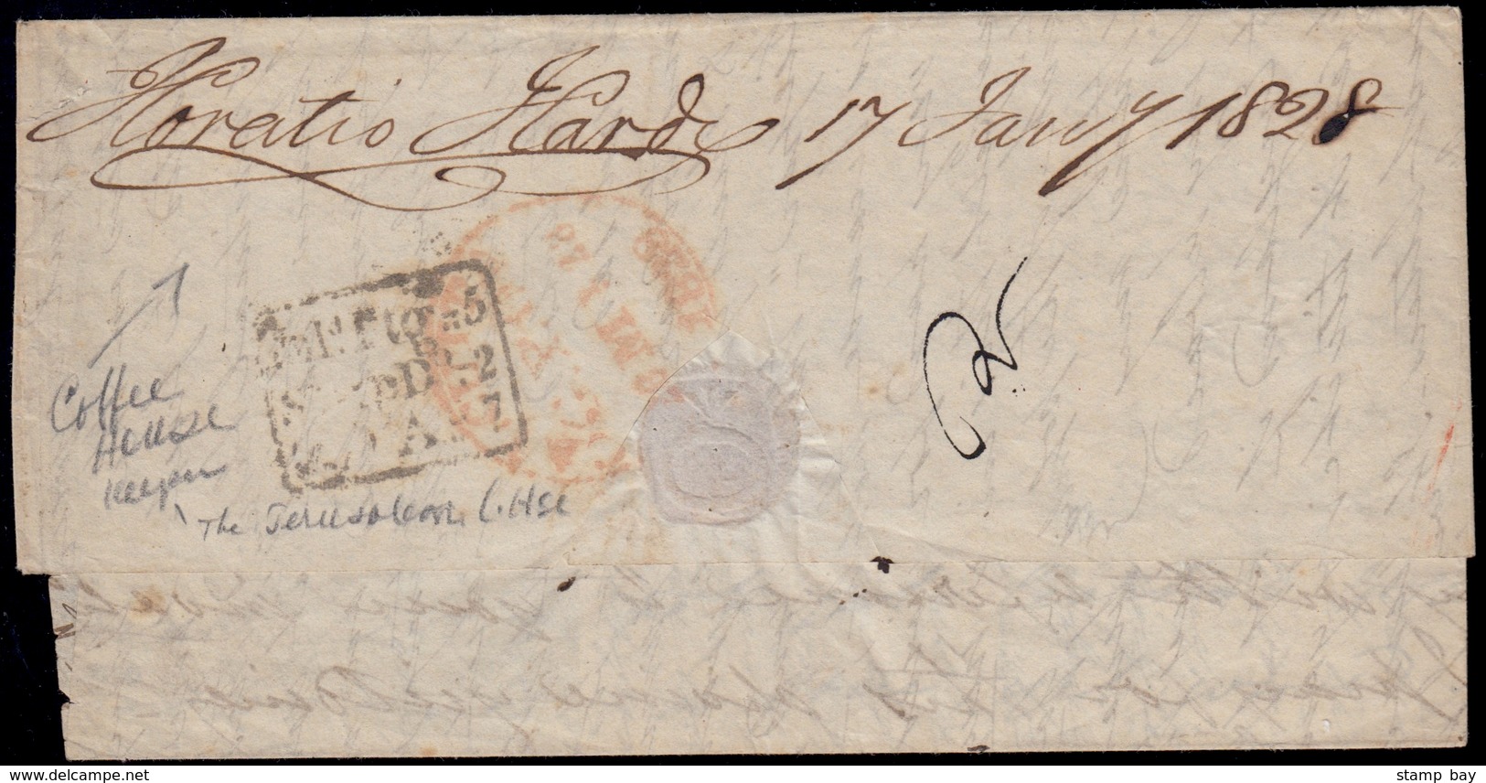 "HORATIO HARDY" Signed (forwarded From The Jerusalem Coffee House) Cover To India Dt 17 Jan. 1828 Forwarded By Another A - ...-1852 Prephilately