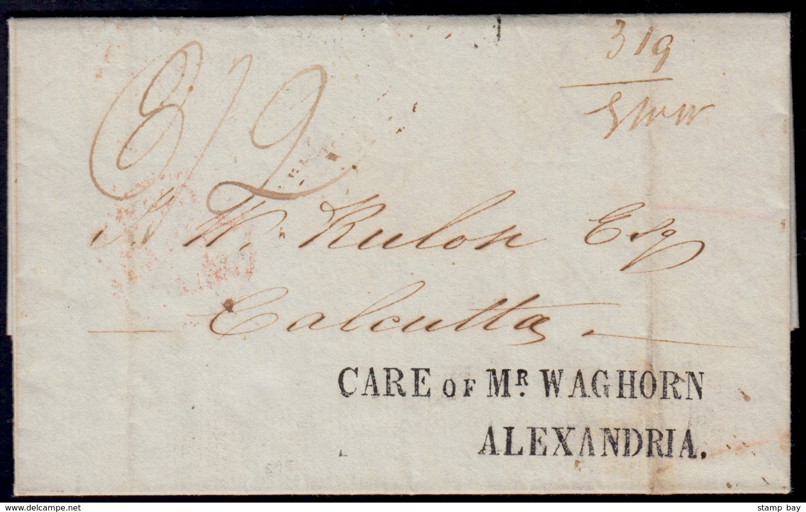 Waghorn - India 1837 Entire Letter From London To Calcutta, Handstamped "CARE OF MR. WAGHORN / ALEXANDRIA", Initialled " - ...-1852 Préphilatélie