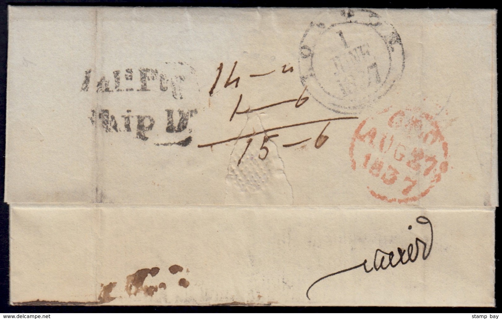 Waghorn - India 1837 Entire Letter From London To Calcutta, Handstamped "CARE OF MR. WAGHORN / ALEXANDRIA", Initialled " - ...-1852 Prefilatelia