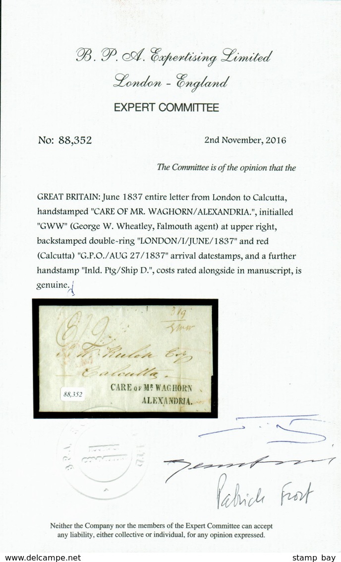 Waghorn - India 1837 Entire Letter From London To Calcutta, Handstamped "CARE OF MR. WAGHORN / ALEXANDRIA", Initialled " - ...-1852 Vorphilatelie